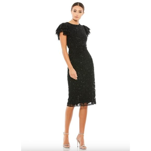 MAC DUGGAL Dress Size 10 Evening Gown Sequin Black Beaded NEW Midi Flounce Slv - Picture 1 of 6